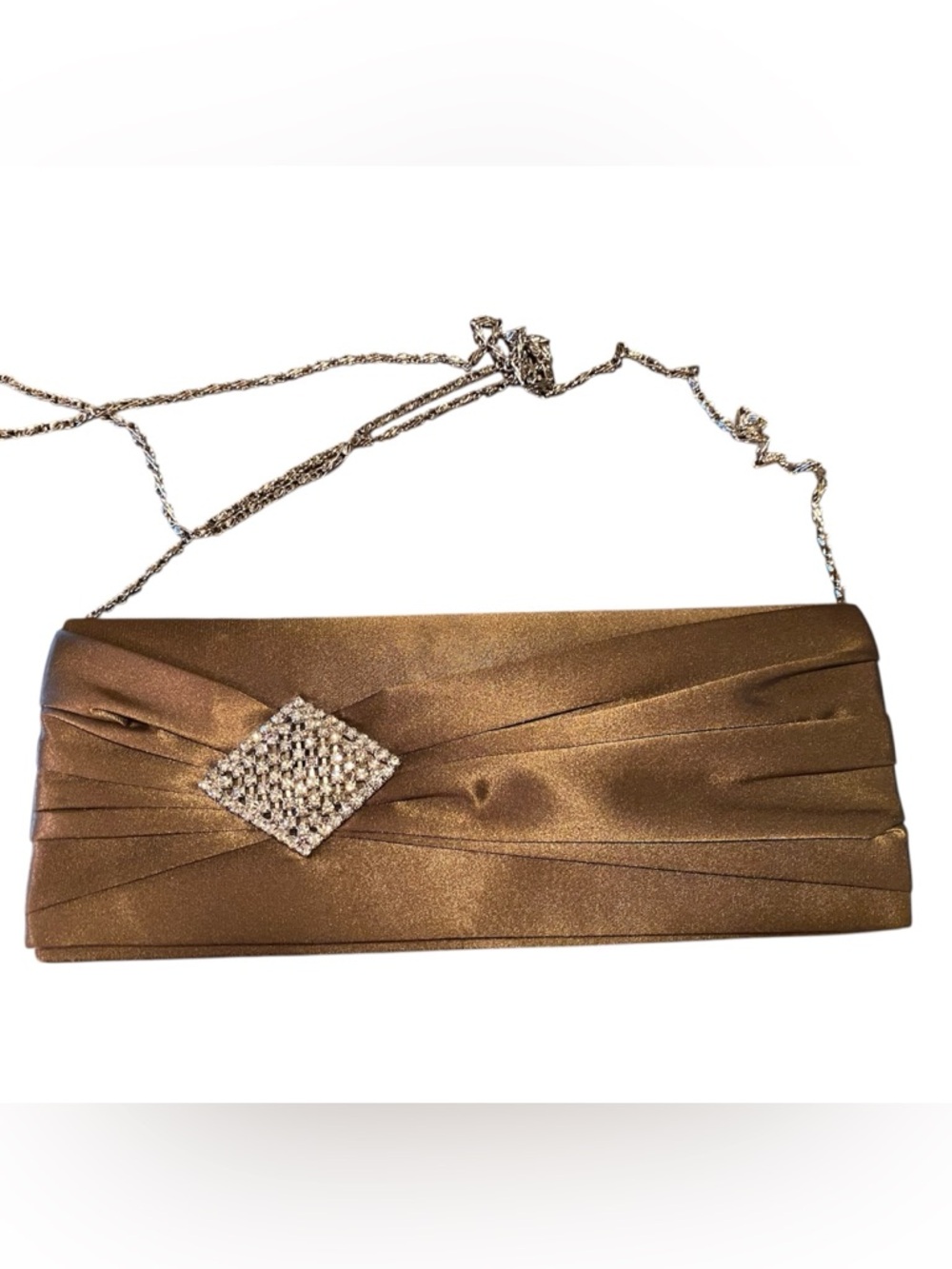 Elegant Brown Satin Evening Clutch with Crystal Accent
